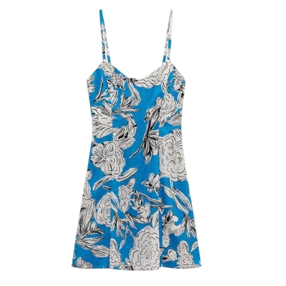 Zara Womens Blue White Floral Linen Blend Mini Dress Adjustable Straps Size XS